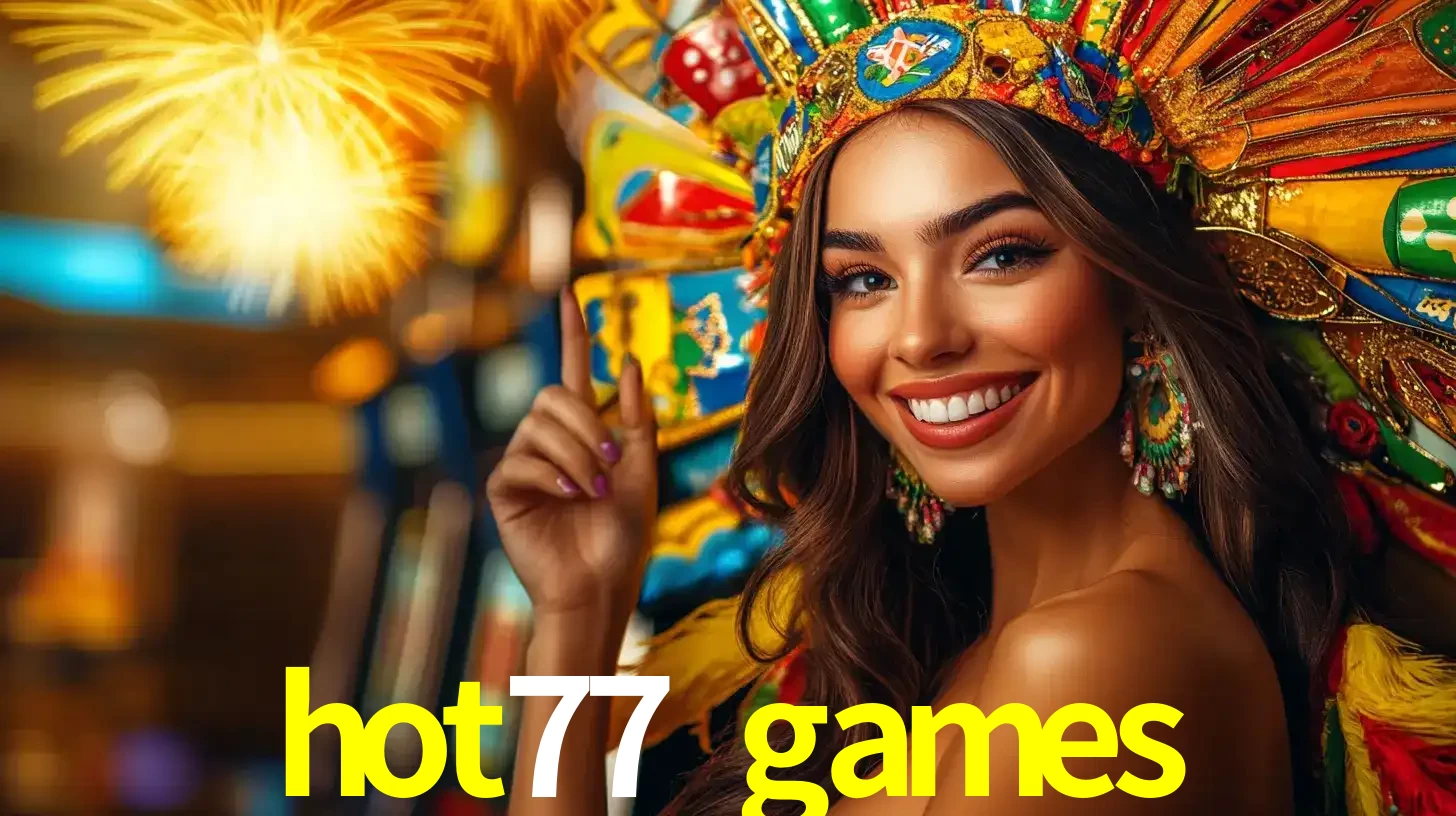 Mulher sorridente com um cocar de carnaval vibrante e colorido, celebrando uma grande vitória nos jogos do cassino hot77 games com fogos de artifício ao fundo.