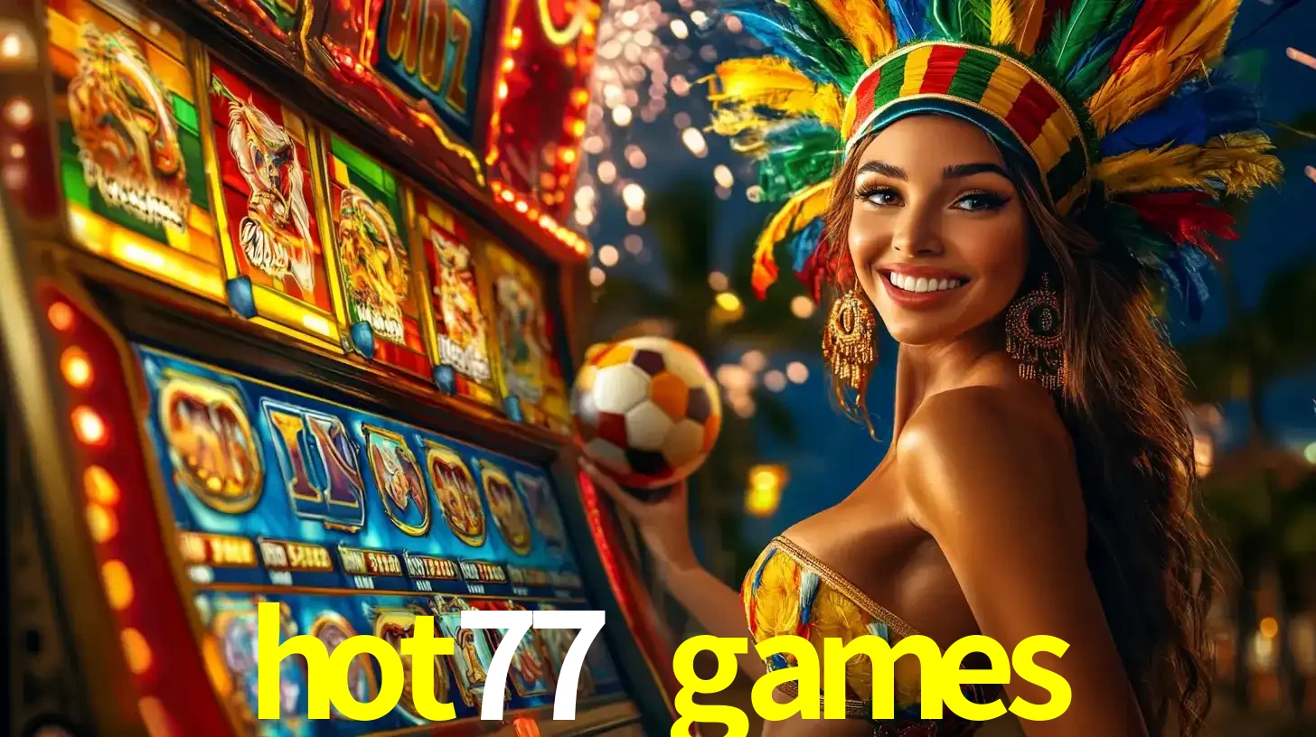 Mulher com um cocar de carnaval ao lado de uma máquina de caça-níqueis enquanto segura uma bola de futebol, mostrando a união da diversão de cassino e esportes no hot77 games.