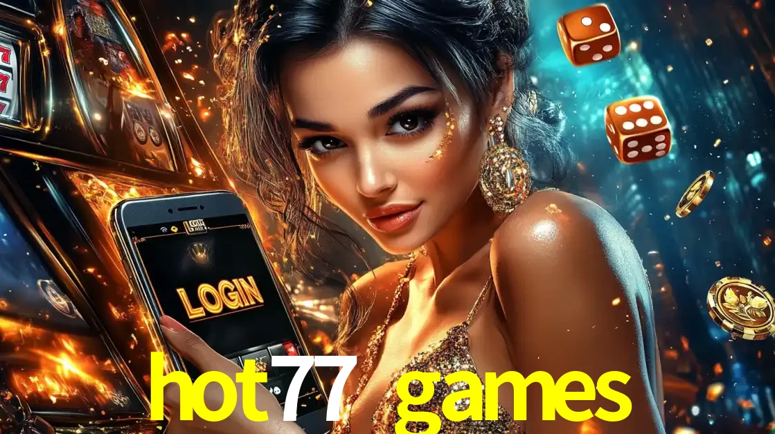 Mulher glamourosa segurando um celular com a tela de login do cassino hot77 games, rodeada por dados e moedas douradas, pronta para começar a diversão.