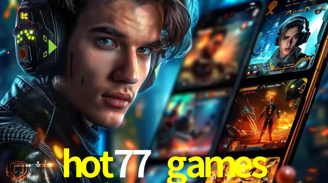 Jovem jogador com fones de ouvido olhando para a câmera, com um aplicativo de jogos e e-sports para celular ao fundo, pronto para a competição e apostas no hot77 games.