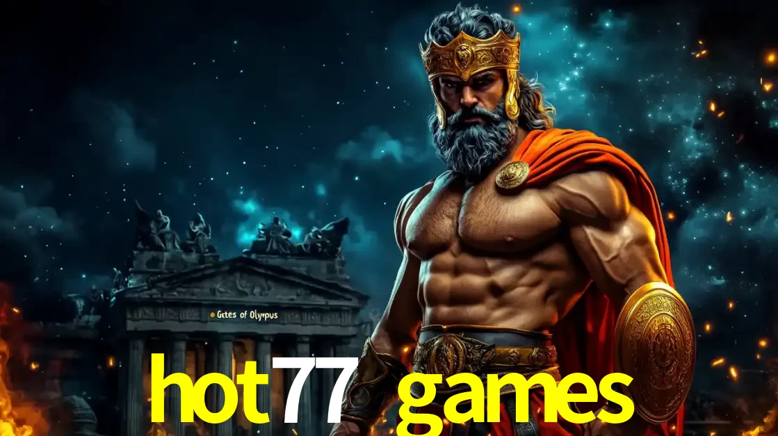 O poderoso Zeus do jogo de slot Gates of Olympus em frente ao seu templo, pronto para lançar multiplicadores divinos e prêmios épicos no cassino online hot77 games.