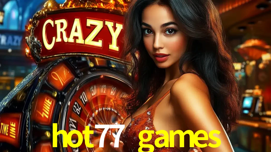 Mulher glamourosa olhando para a câmera com a roda vermelha do Crazy Time ao fundo em um ambiente de cassino, destacando a emoção dos jogos ao vivo no hot77 games.