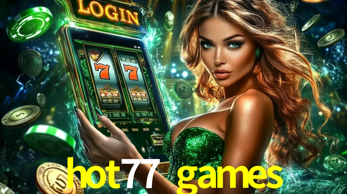 Mulher com tema verde apresentando o aplicativo do cassino hot77 games com um jogo de slot de 777, cercada por fichas de cassino e uma aura de sorte.