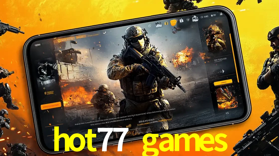 Um smartphone exibindo a interface de um jogo de tiro em primeira pessoa, com um soldado em um cenário de batalha, representando a ação dos e-sports para apostar no hot77 games.