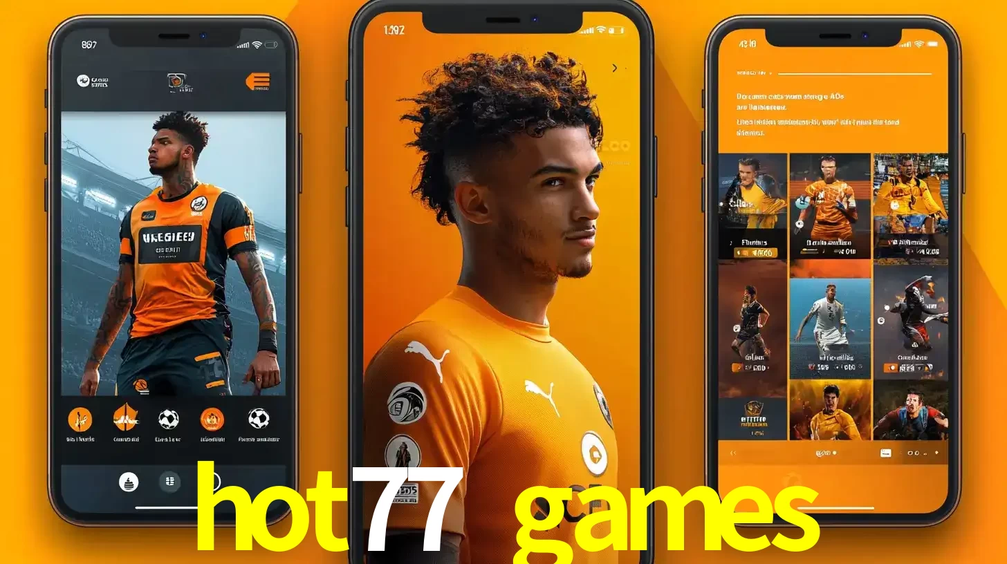 Interface do aplicativo de apostas esportivas hot77 games em três telas de celular, mostrando o perfil de um jogador de futebol e a lista de jogos disponíveis para apostar.