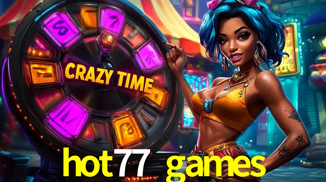 Mulher estilizada com cabelo azul e visual vibrante posando ao lado da roda de prêmios do game show Crazy Time, convidando para a diversão e os bônus do cassino hot77 games.