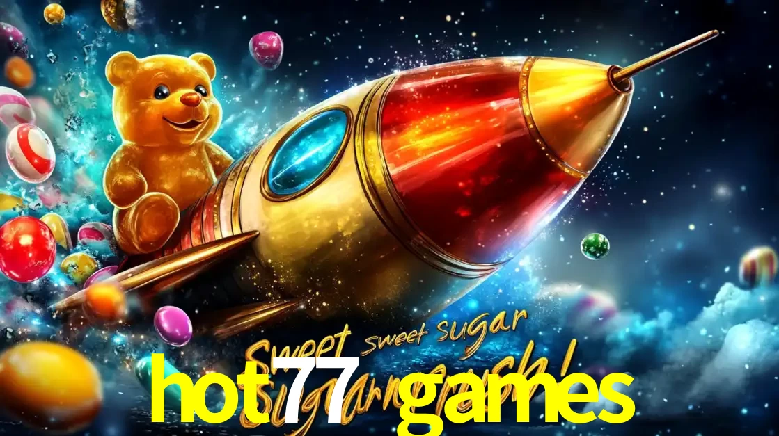 Arte promocional do jogo de slot Sugar Rush, com um urso de pelúcia em um foguete viajando pelo espaço de doces, um dos jogos divertidos disponíveis no cassino hot77 games.