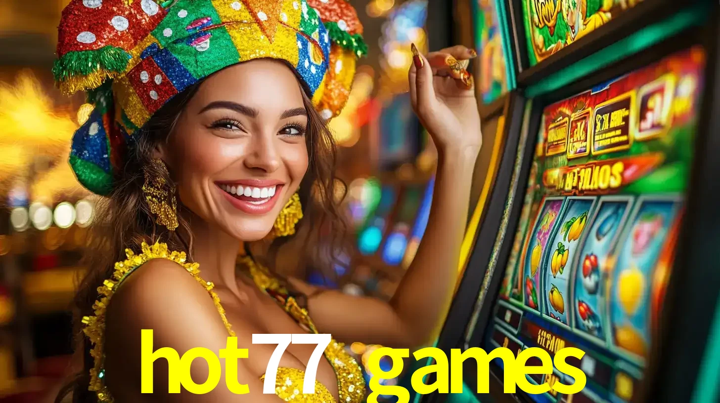 Mulher feliz com traje de carnaval amarelo e colorido ao lado de uma máquina de caça-níqueis, aproveitando a diversão e os jogos temáticos do cassino hot77 games.