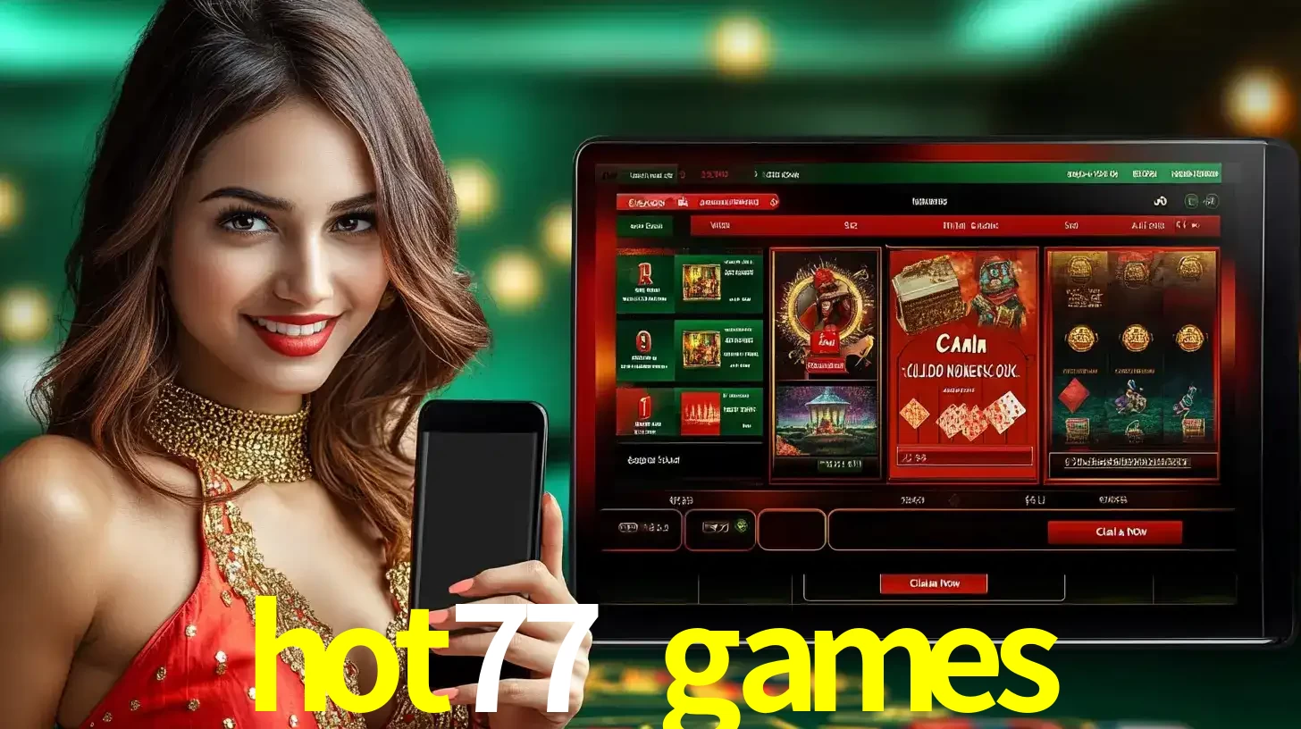 Mulher sorridente segurando um smartphone, ao lado de uma tela exibindo o lobby de jogos do cassino online hot77 games, com várias opções de jogos de cartas e slots.